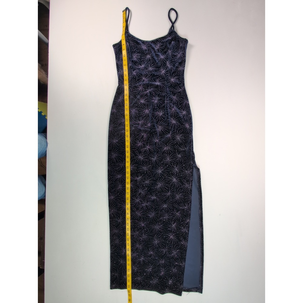 Jessica McClintock Vintage Velvet Glitter Starburst Maxi Dress Slit 3/4 - Picture 5 of 12